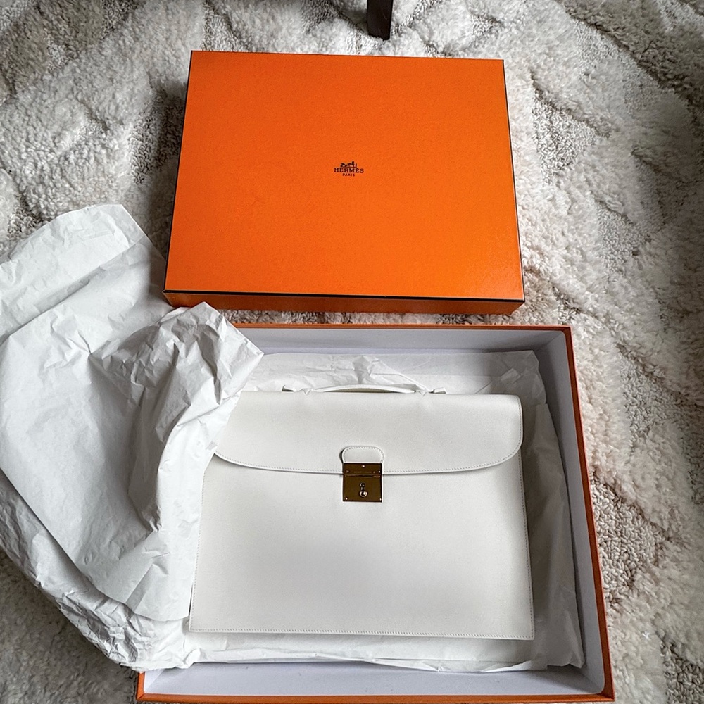 SOLD🔥Hermes Quirus II White Leather Box Briefcase Men Women work laptop satchel - Picture 4 of 12
